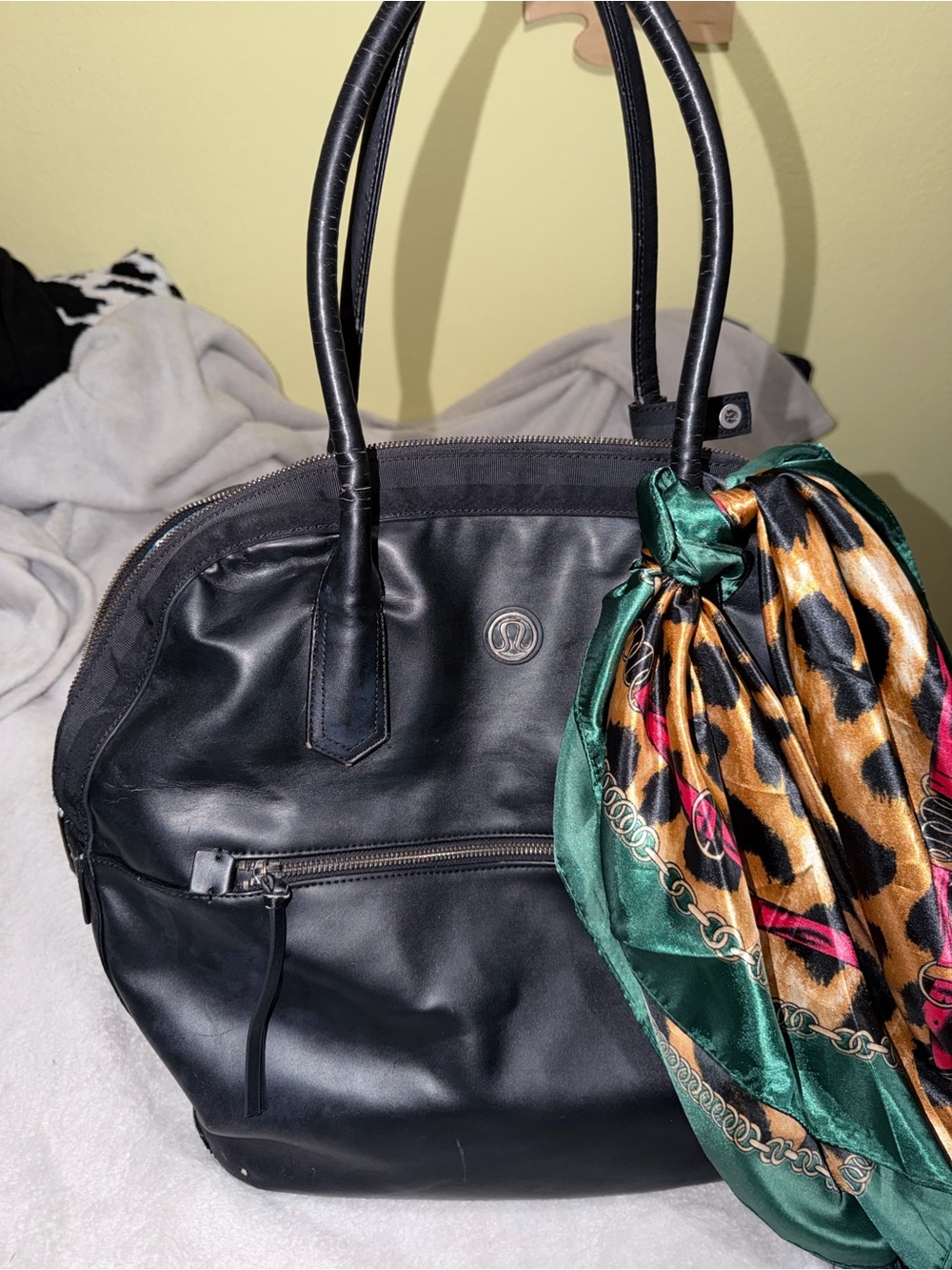 lululemon athletica Black Leather Shoulder Tote with Patterned Scarf